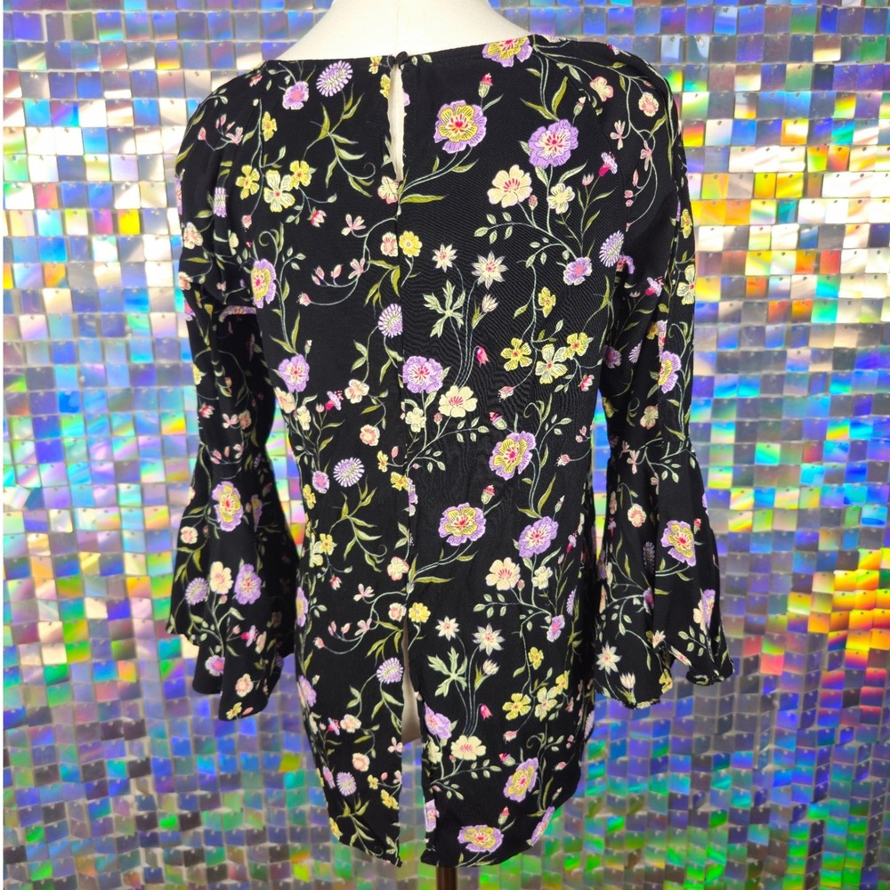 LC Lauren Conrad Floral Bell Sleeve Blouse Womens Medium Black Excellent Boho - Picture 5 of 9